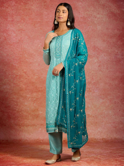 Libas Green Embroidered Georgette Straight Suit With Dupatta