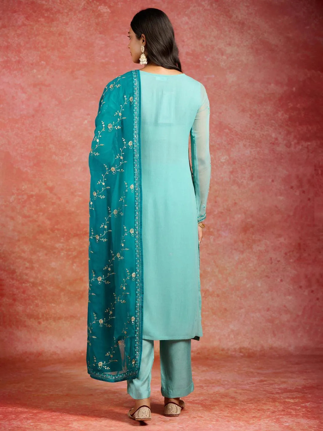 Libas Green Embroidered Georgette Straight Suit With Dupatta