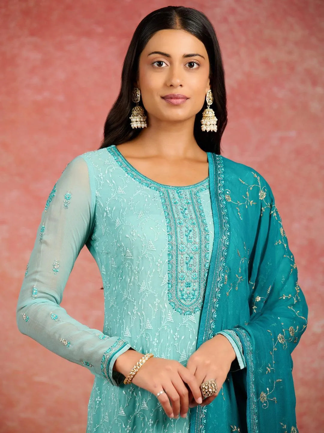 Libas Green Embroidered Georgette Straight Suit With Dupatta