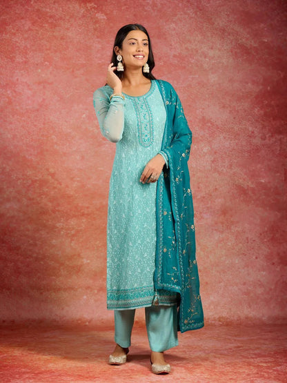 Libas Green Embroidered Georgette Straight Suit With Dupatta
