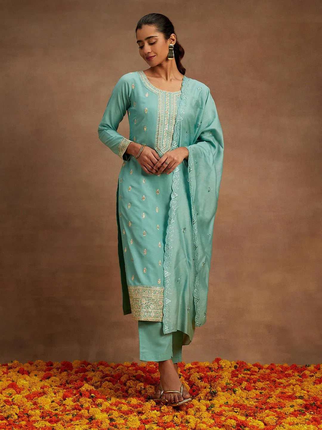 Libas Green Embroidered Silk Straight Suit With Dupatta