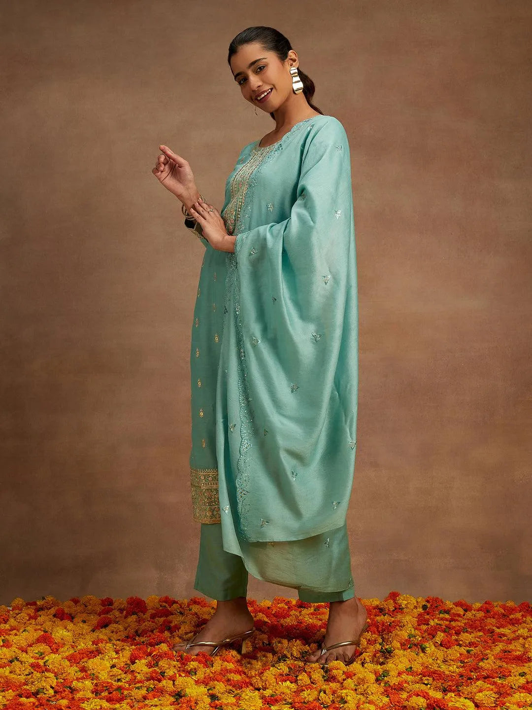 Libas Green Embroidered Silk Straight Suit With Dupatta