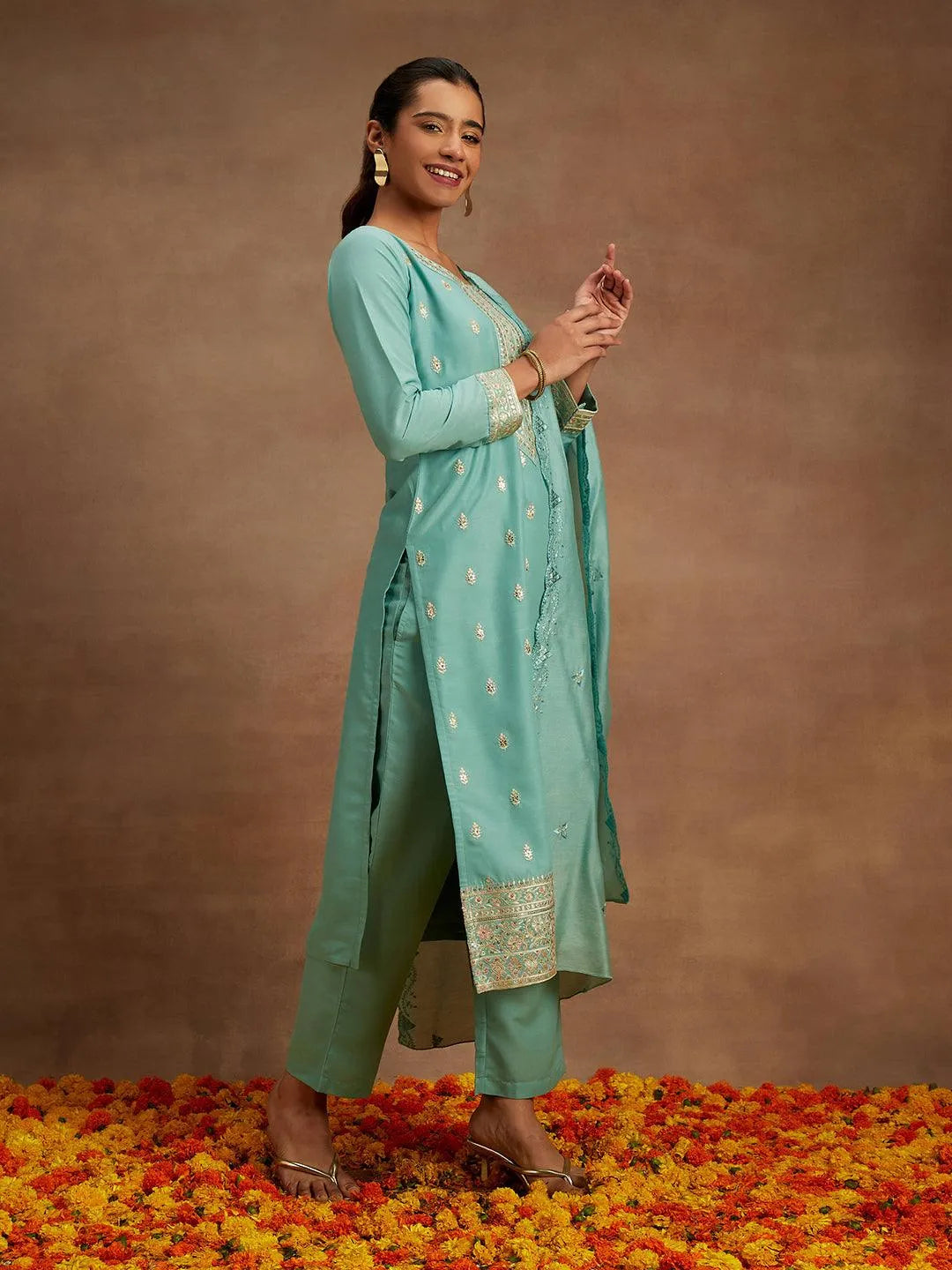 Libas Green Embroidered Silk Straight Suit With Dupatta