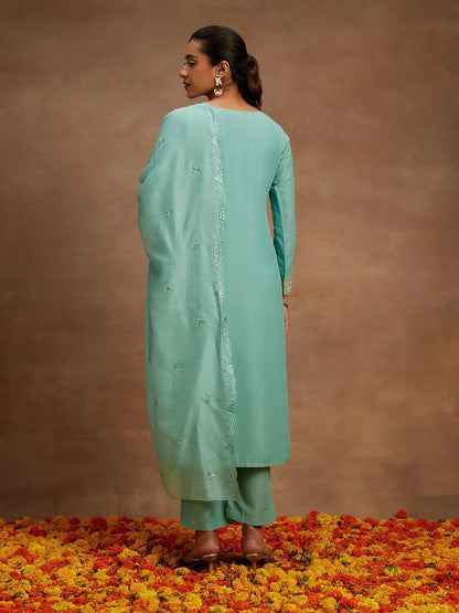 Libas Green Embroidered Silk Straight Suit With Dupatta