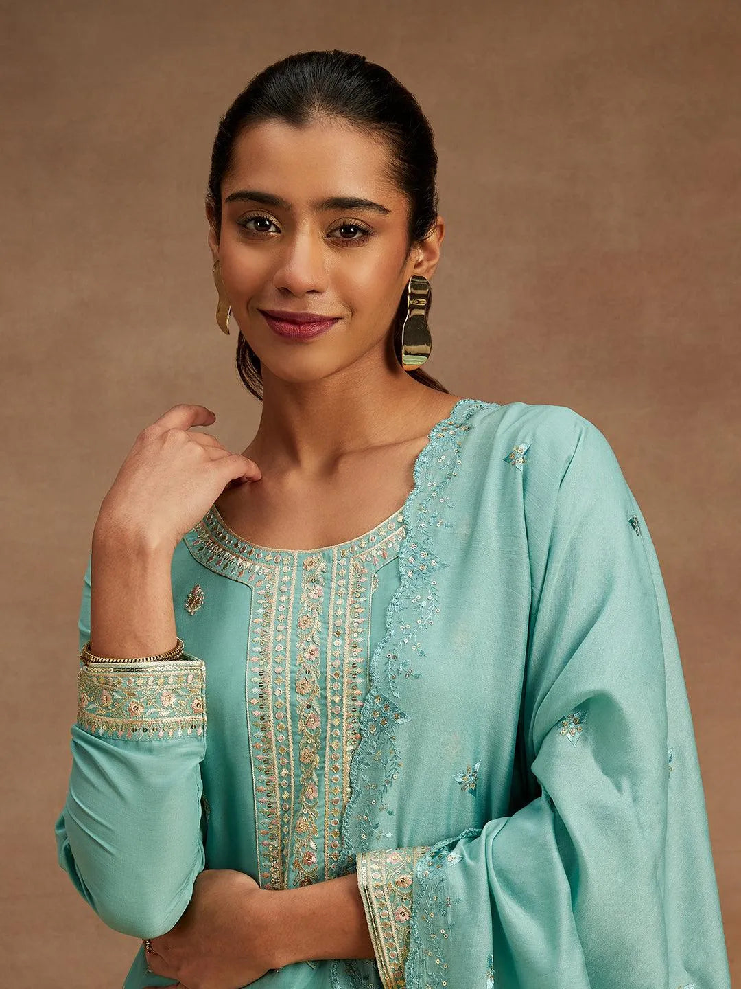 Libas Green Embroidered Silk Straight Suit With Dupatta
