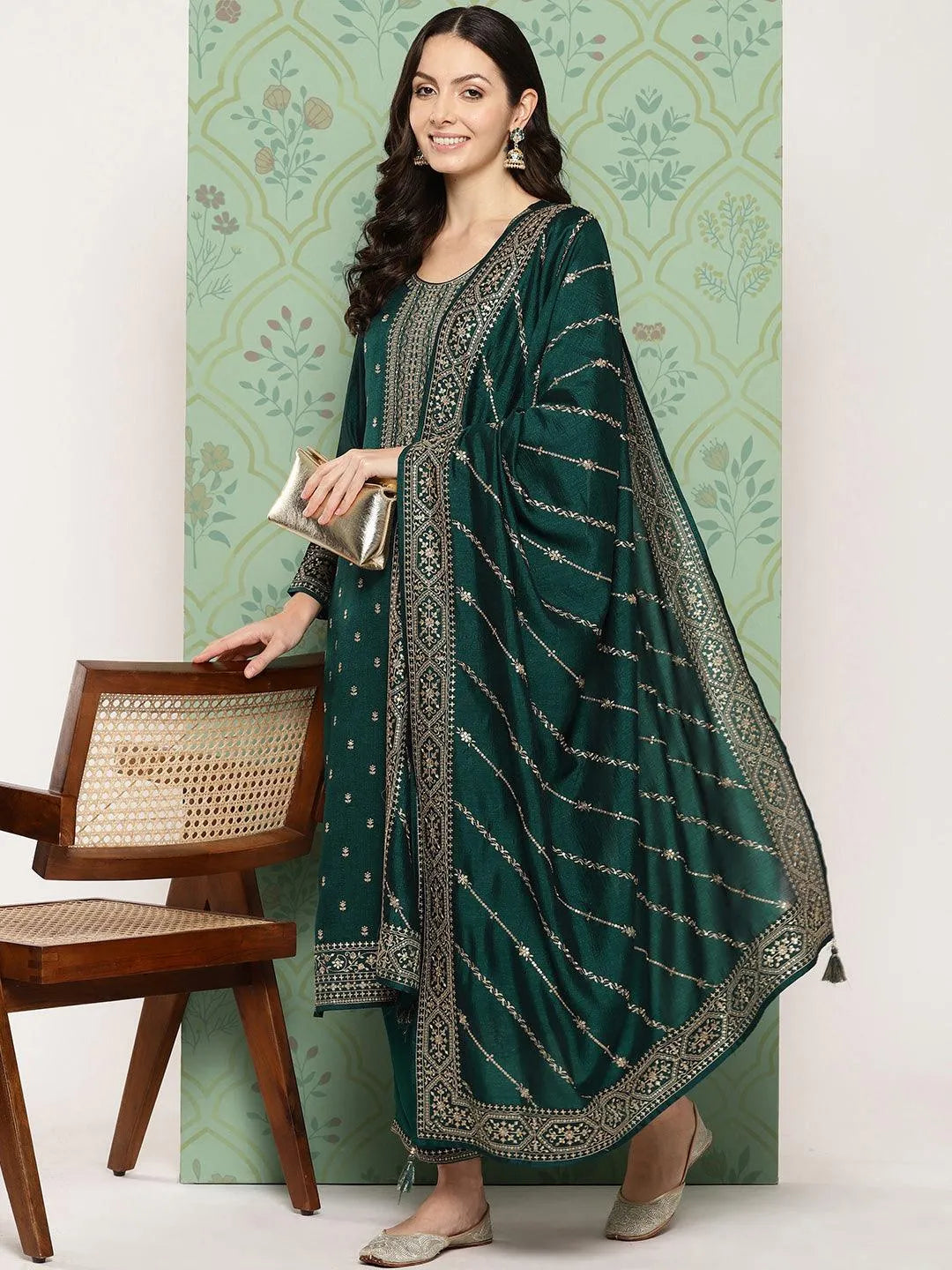 Libas Green Embroidered Silk Blend Straight Suit With Dupatta