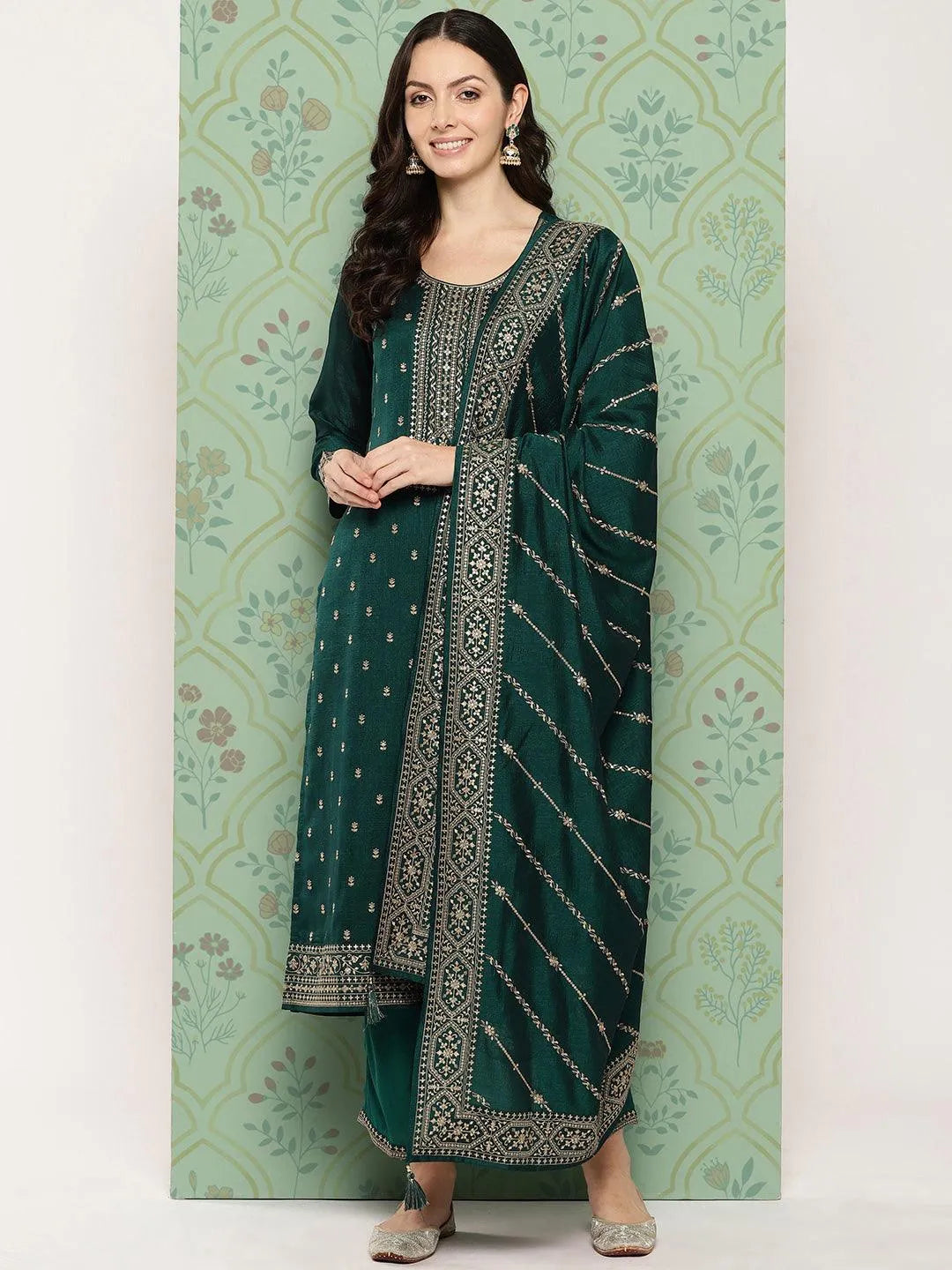 Libas Green Embroidered Silk Blend Straight Suit With Dupatta