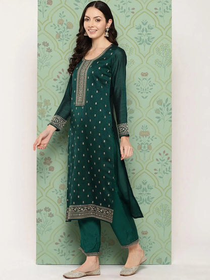 Libas Green Embroidered Silk Blend Straight Suit With Dupatta