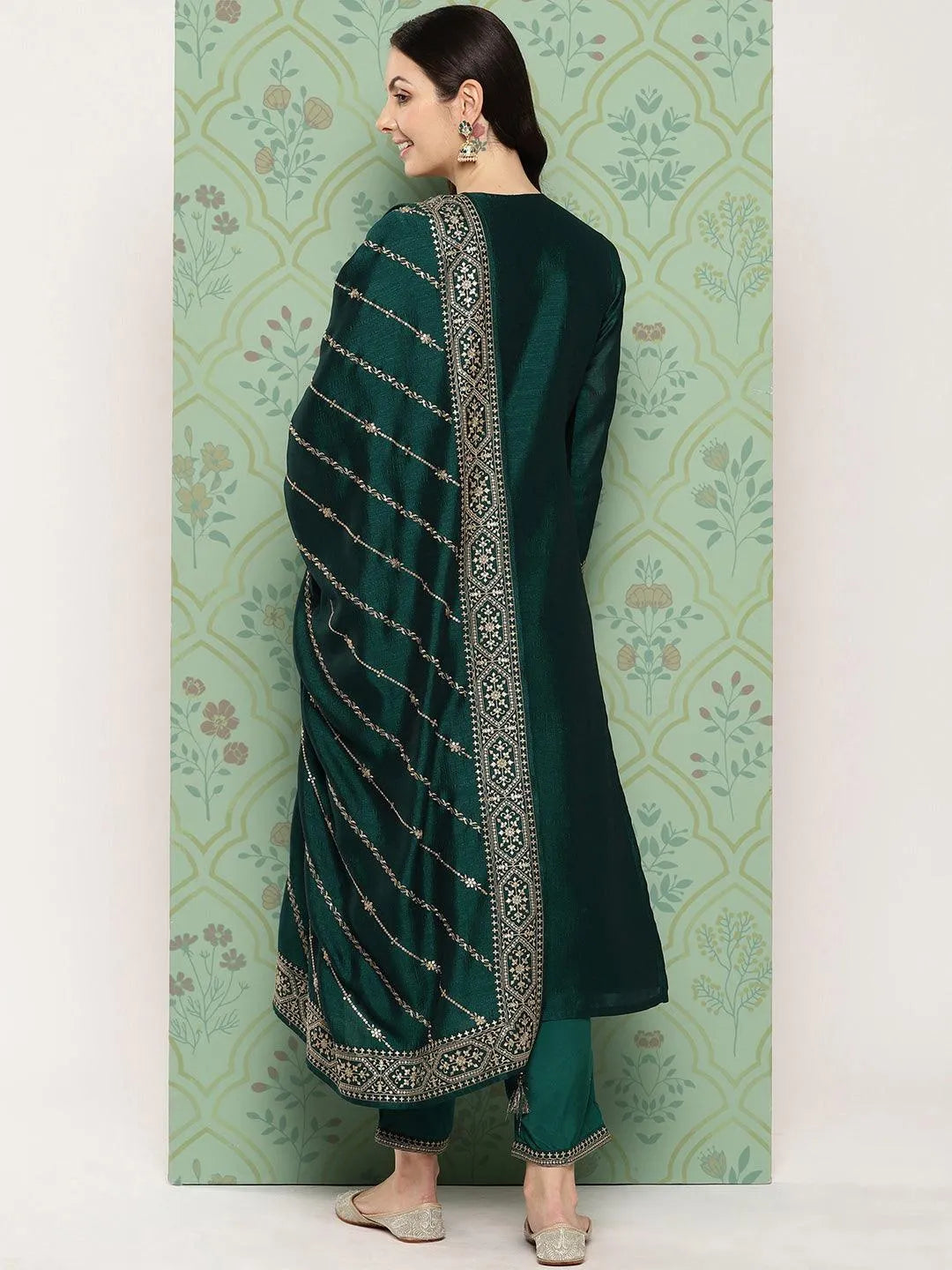 Libas Green Embroidered Silk Blend Straight Suit With Dupatta