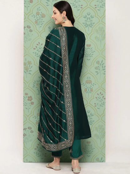 Libas Green Embroidered Silk Blend Straight Suit With Dupatta