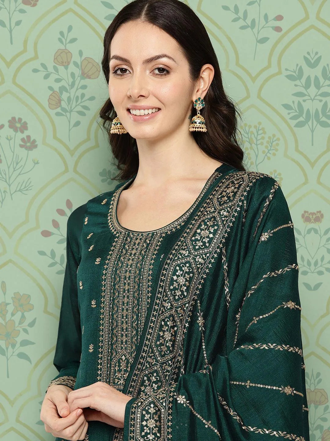 Libas Green Embroidered Silk Blend Straight Suit With Dupatta