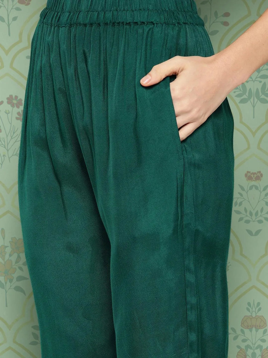 Libas Green Embroidered Silk Blend Straight Suit With Dupatta