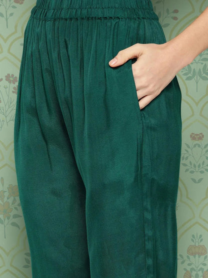 Libas Green Embroidered Silk Blend Straight Suit With Dupatta