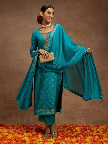 Libas Blue Printed Silk Blend Straight Suit With Dupatta