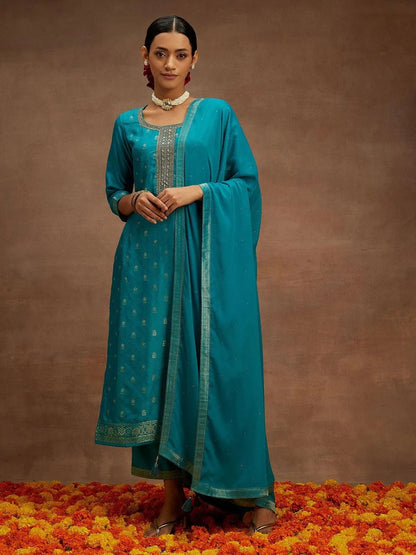 Libas Blue Printed Silk Blend Straight Suit With Dupatta