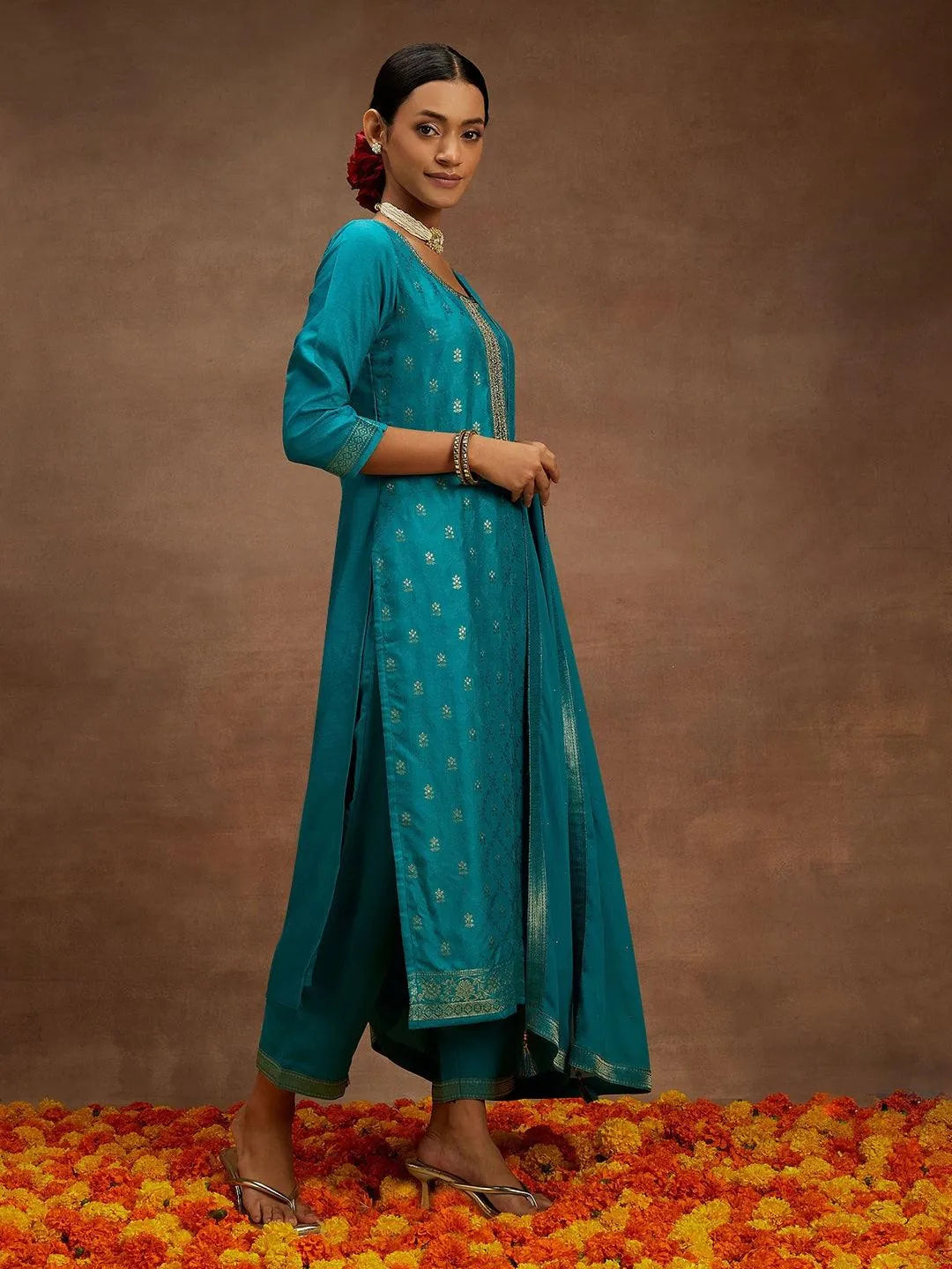 Libas Blue Printed Silk Blend Straight Suit With Dupatta