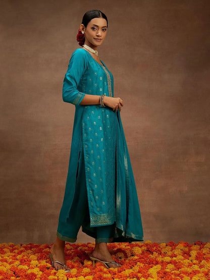Libas Blue Printed Silk Blend Straight Suit With Dupatta
