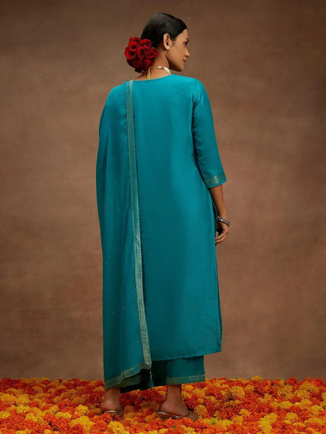Libas Blue Printed Silk Blend Straight Suit With Dupatta