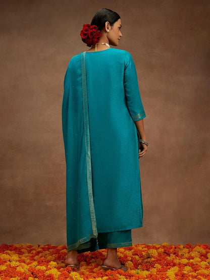 Libas Blue Printed Silk Blend Straight Suit With Dupatta