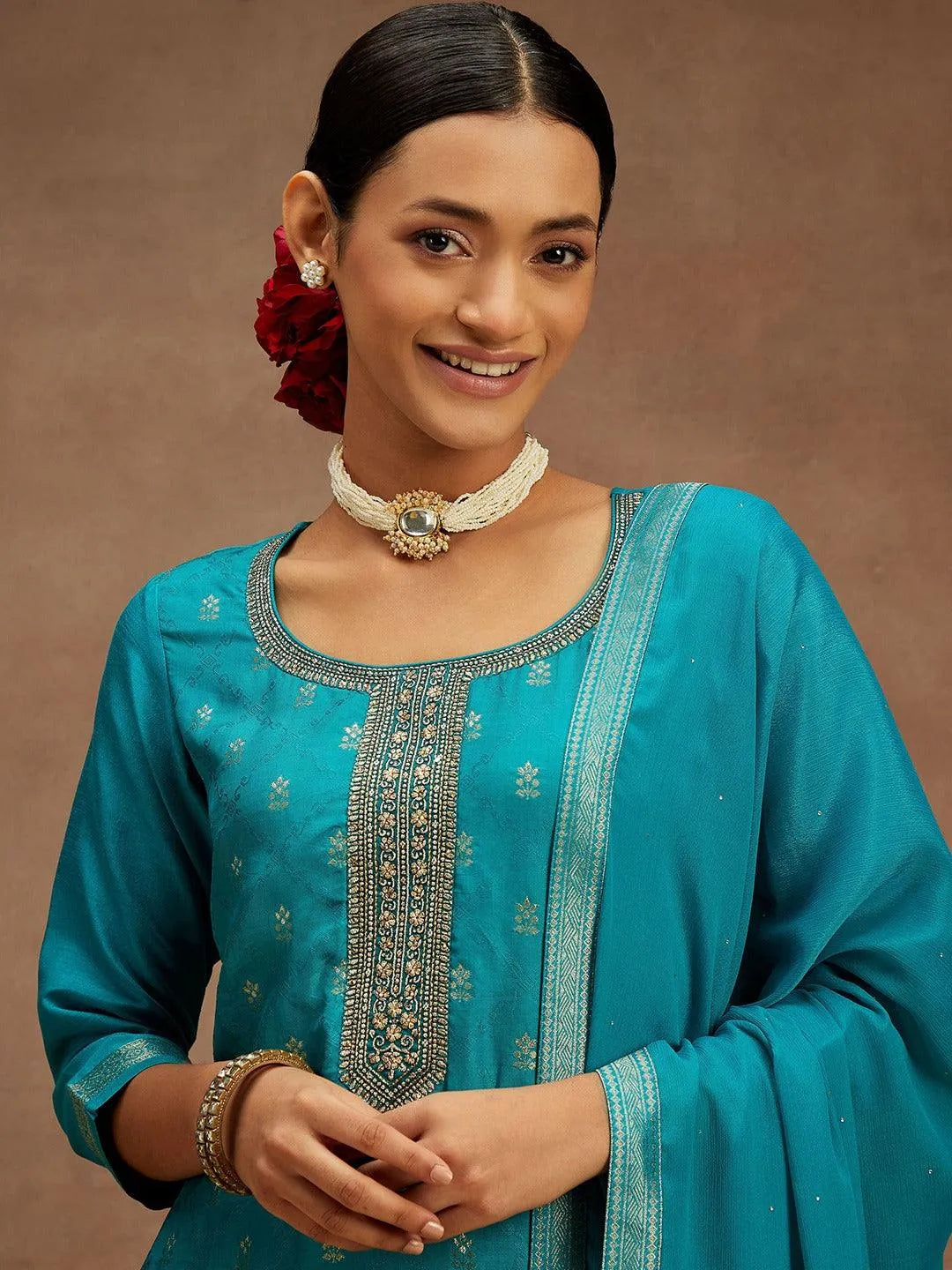 Libas Blue Printed Silk Blend Straight Suit With Dupatta