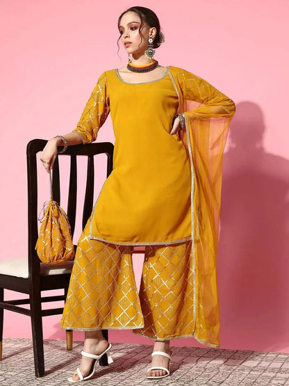 Gerua Yellow Solid Georgette Straight Kurta With Palazzos & Dupatta